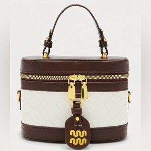 Quilted Cream and Brown Vanity Cosmetic Case with Top Handle